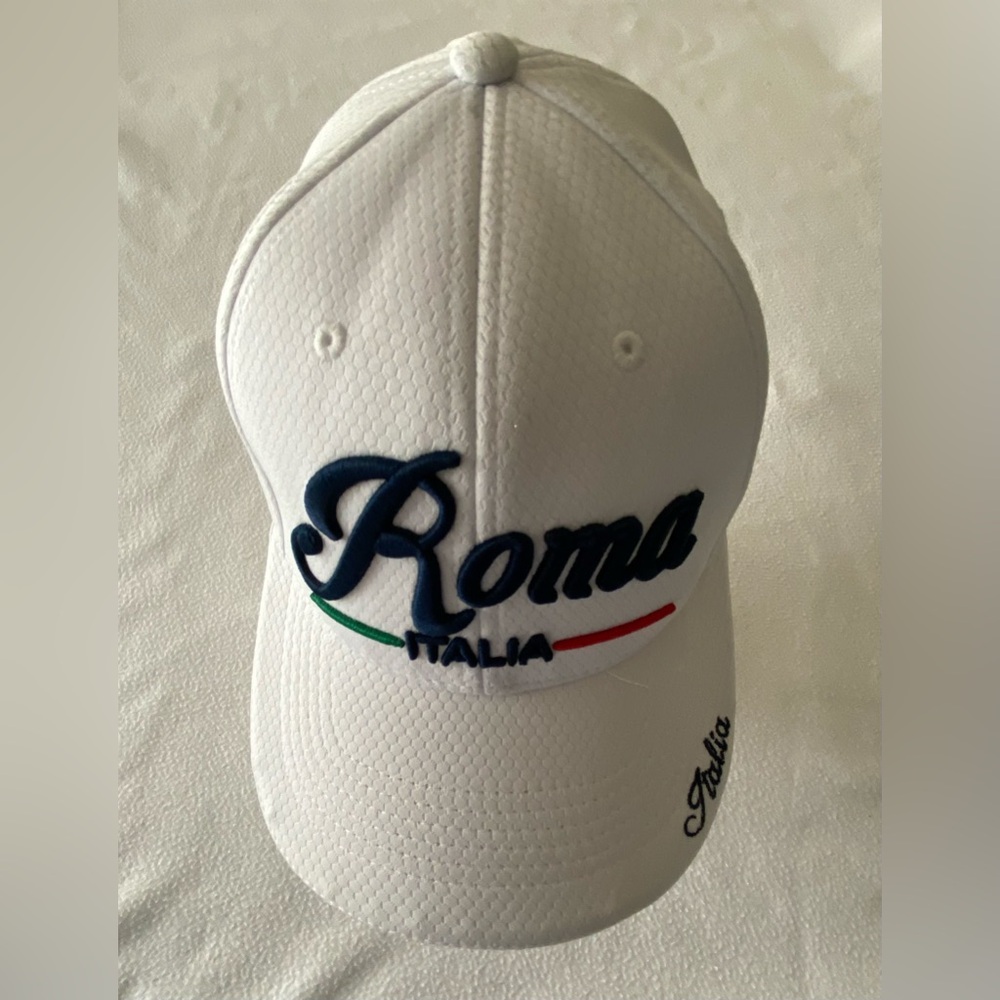ROMA Italia Embroidered Baseball Hat White/Navy Strapback Elevated Letters OSFM